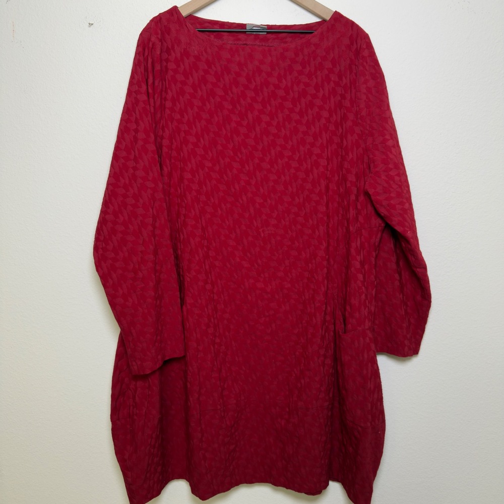 Niche Nilgun Derman Women Cotton Tunic Dress  2X Red Textured Lagenlook Jacquard